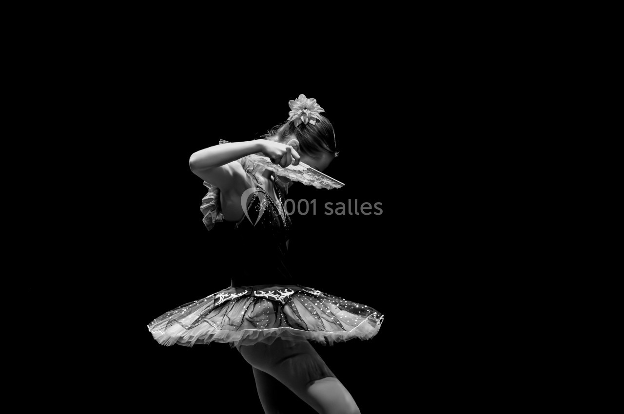 Danseuse en tutu exécutant un mouvement gracieux avec un éventail, éclairée sur fond noir.