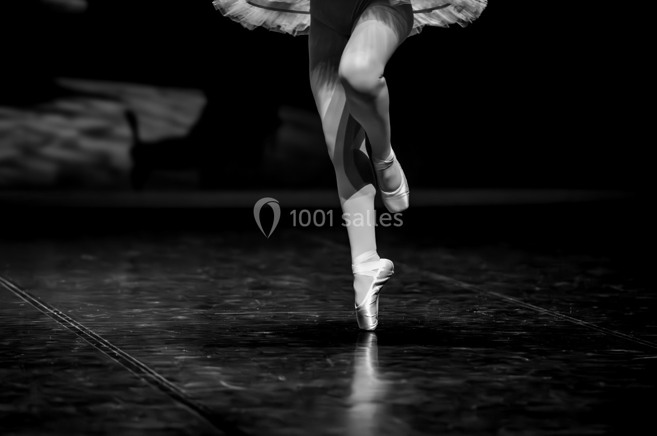 Danseuse en pointes effectuant un mouvement gracieux sur une scène sombre, éclairée par une lumière ciblée.