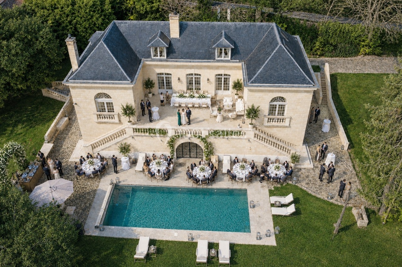 Vue aérienne d'une élégante maison en pierre avec une piscine, entourée de tables dressées pour un événement en plein air.