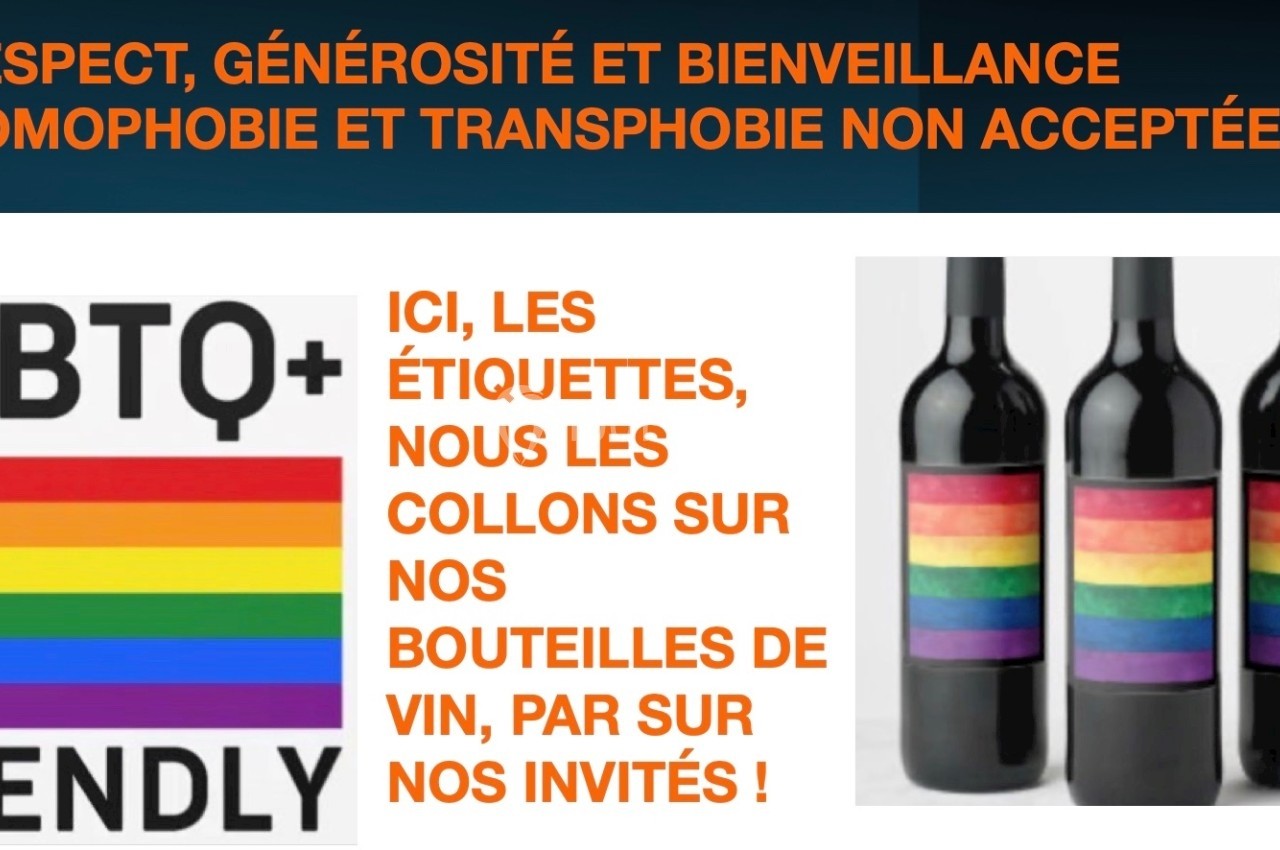 Image de bouteilles de vin avec des étiquettes aux couleurs de l'arc-en-ciel et texte promouvant l'inclusion LGBTQ+.