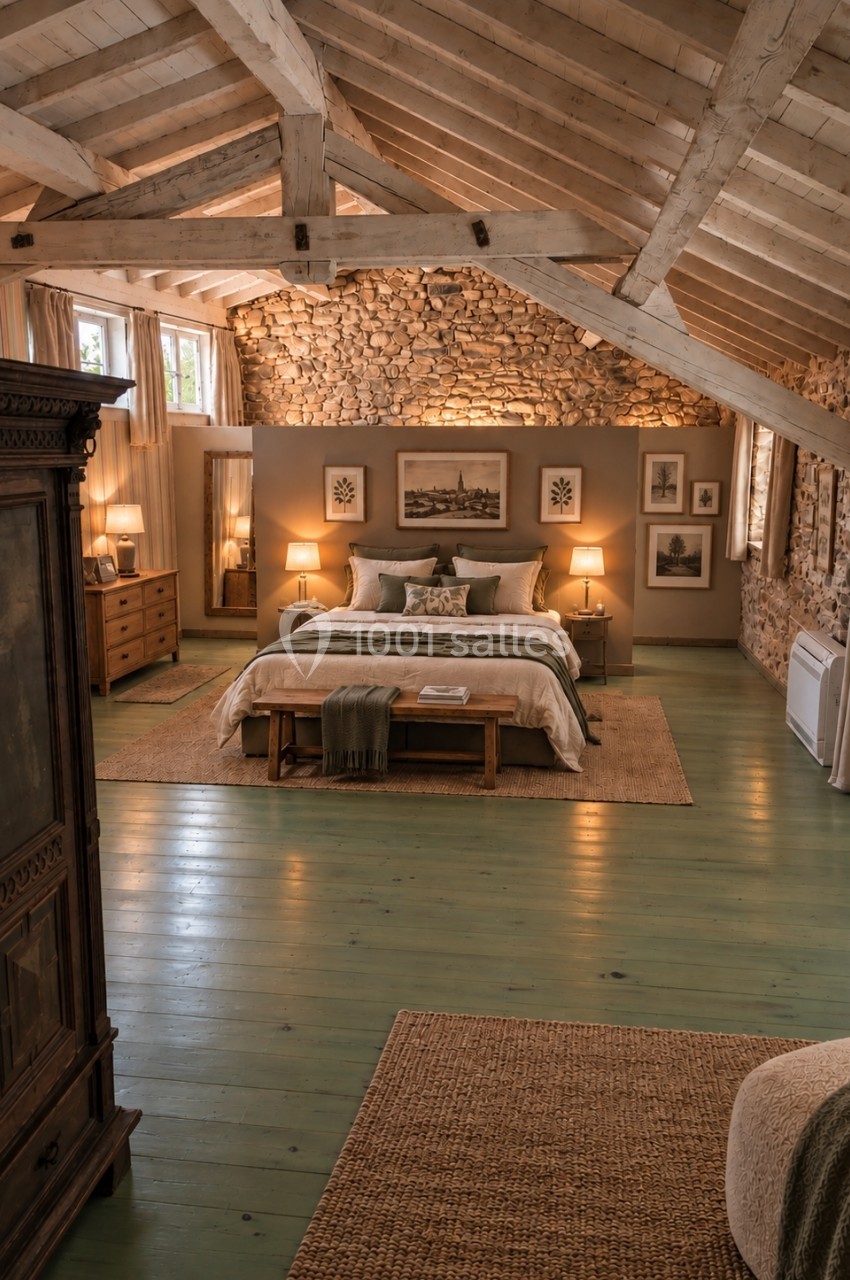 Chambre lumineuse avec poutres apparentes, murs en pierre, lit central, meubles en bois et sol en parquet vert.