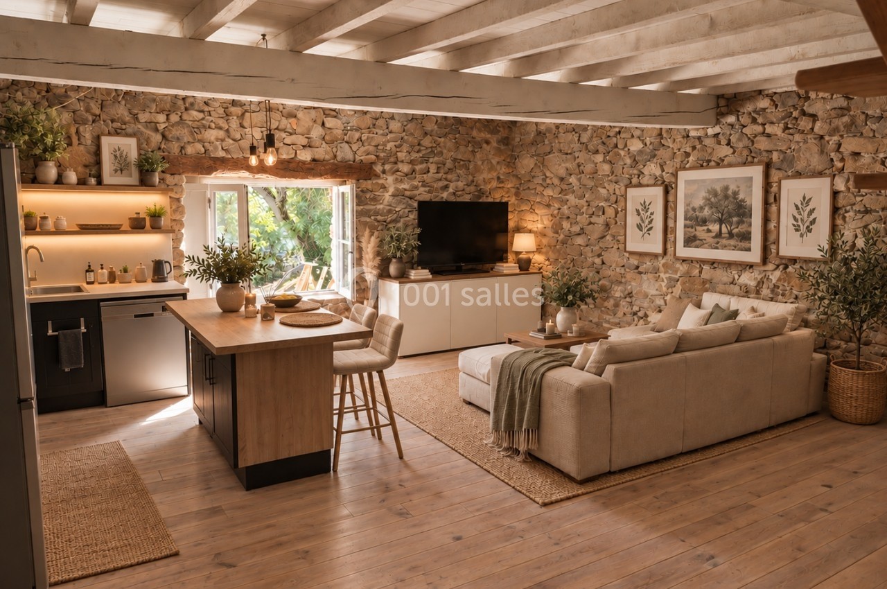 Cuisine ouverte et salon chaleureux avec murs en pierre, poutres apparentes, mobilier en bois et lumière naturelle.