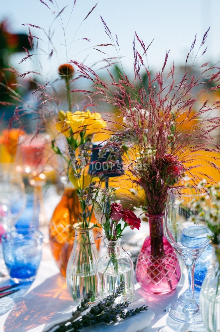 Arrangement de fleurs colorées dans des vases en verre sur une table en extérieur, éclairée par la lumière du jour.