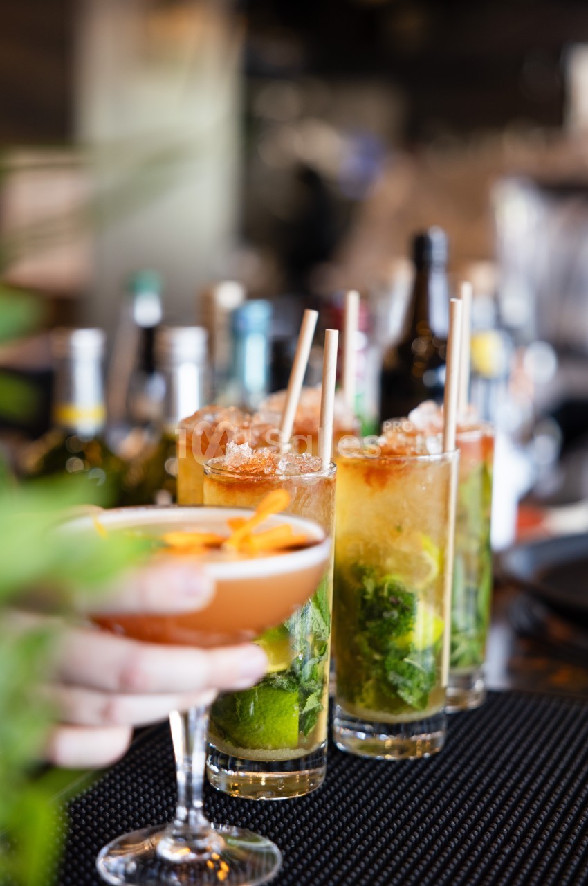Une main tient une coupe de cocktail ornée d'un zeste d'orange, et derrière elle plusieurs grands verres de mojito garnis de menthe, de citron vert et de glace pilée avec des pailles. Let me check length: roughly 165 characters, too long. Shorten. Une