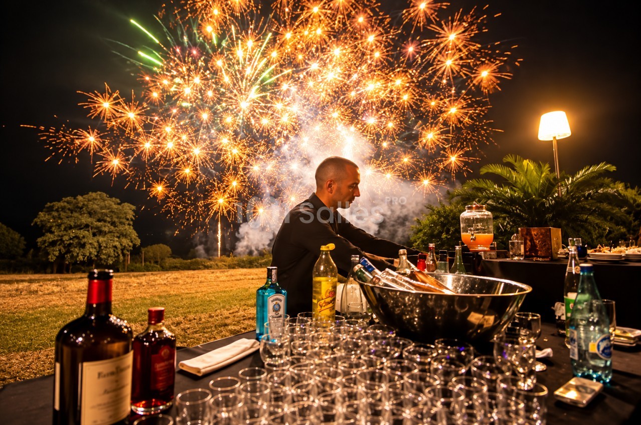 Banquet en plein air avec feu d'artifice doré - table dressée de verres et bouteilles, serveur en action.