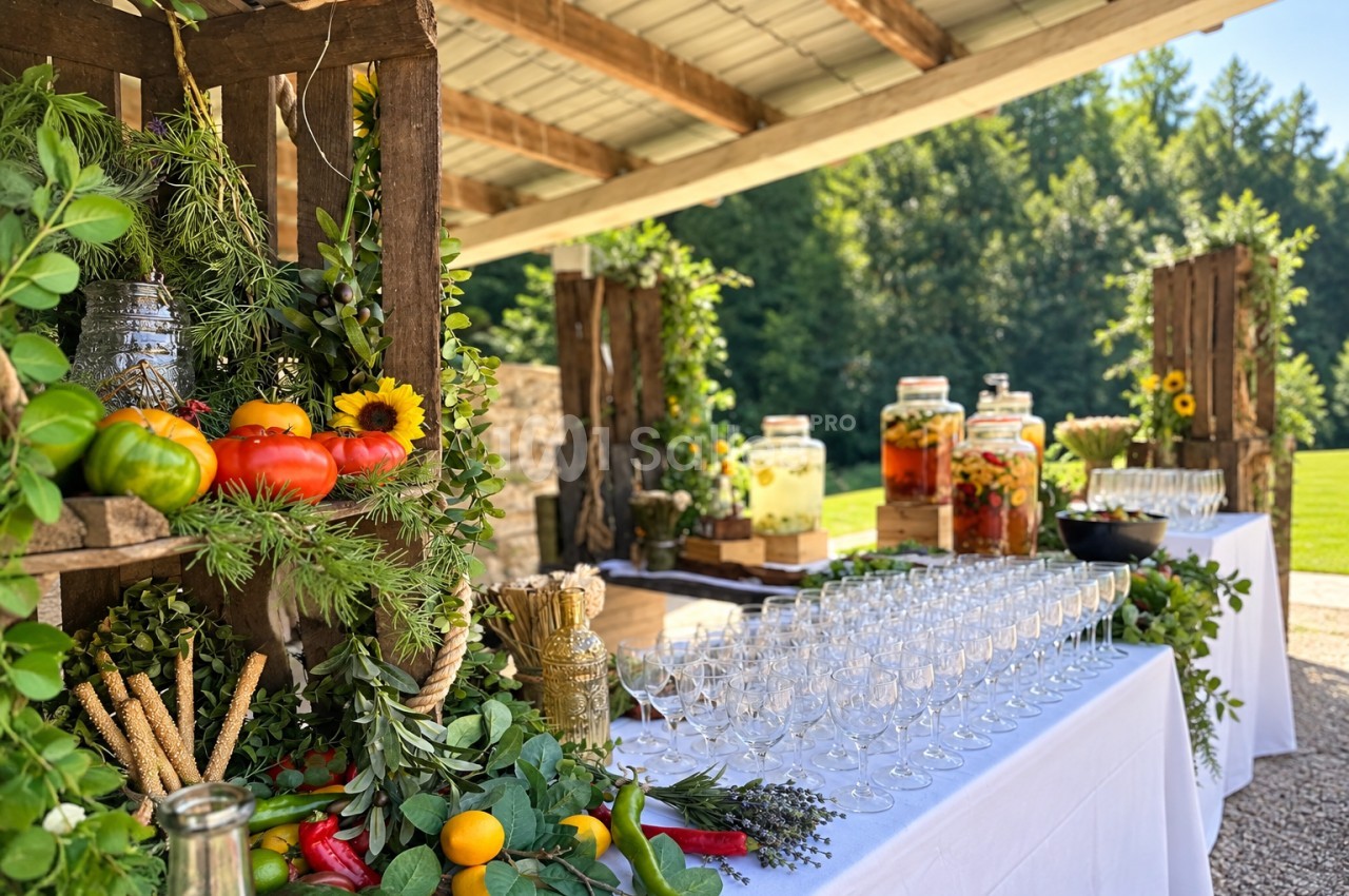 Terrasse couverte dressée avec table longue, verres alignés, compositions florales et plateaux de fruits et boissons.