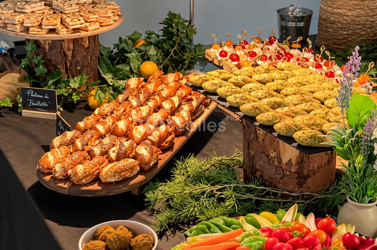 Plateau de feuillétés, biscuits salés, amuse-bouches aux fruits et légumes frais, sur présentoirs en bois.
