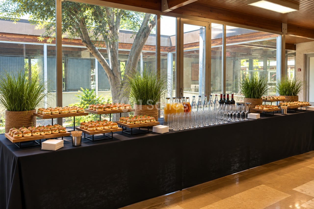 Buffet de viennoiseries et boissons dressé en salle vitrée avec arbres et décoration minimaliste.