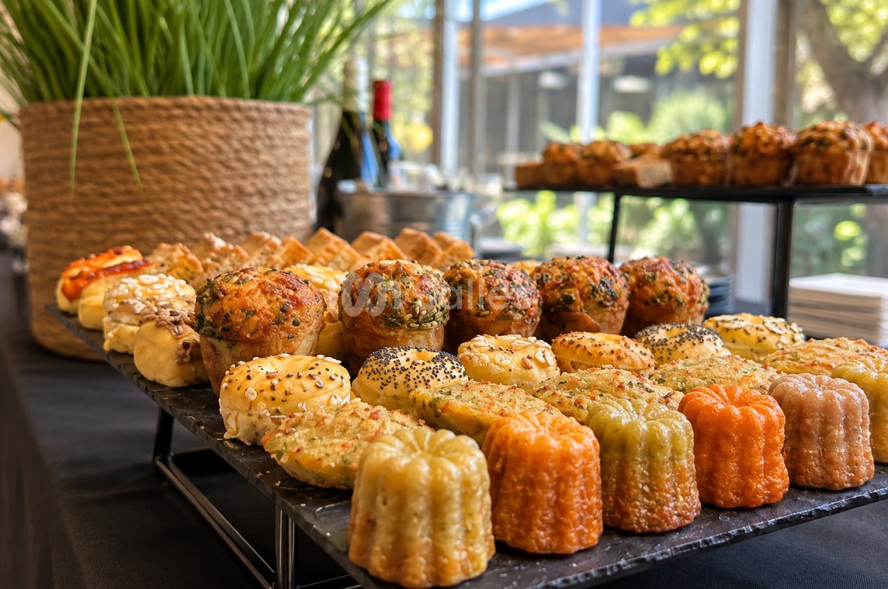 Plateau de pâtisseries et viennoiseries variées avec graines et décors, près d'une baie vitrée.