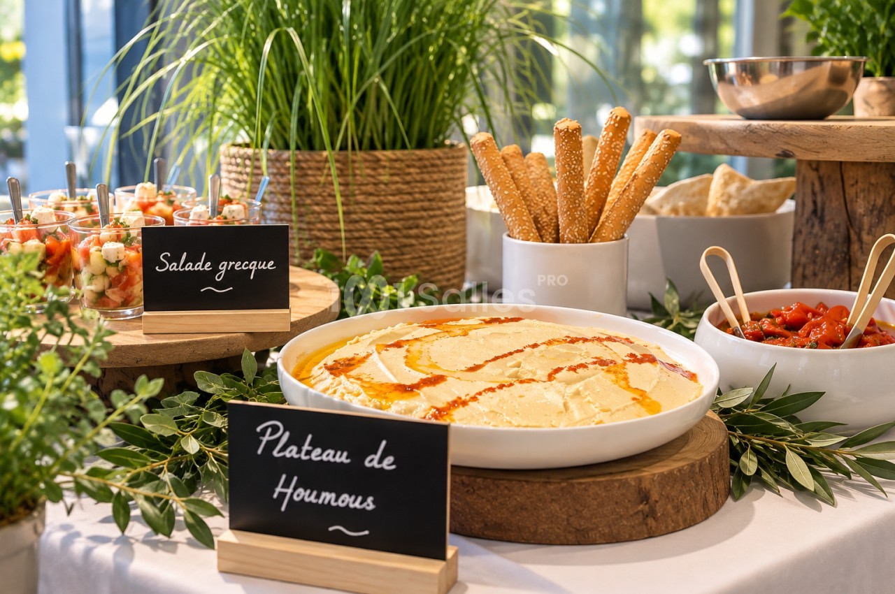 Plateau de houmous et salade grecque en verrines, pains grillés, plantes vertes et luminosité naturelle.