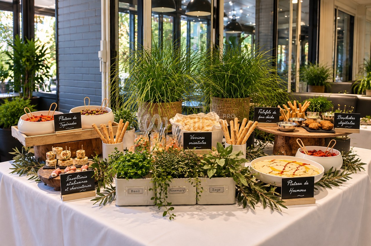 Buffet de présentation avec plats chauds, fromages, pains et herbes aromatiques fraîches devant baies vitrées.