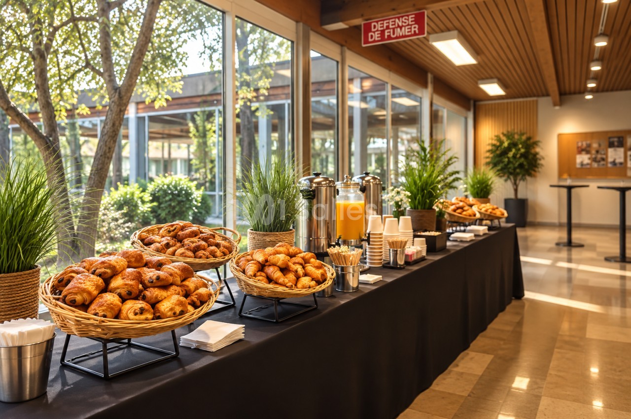 Buffet de petit-déjeuner avec viennoiseries en paniers, jus d'orange et café dans un espace lumineux.