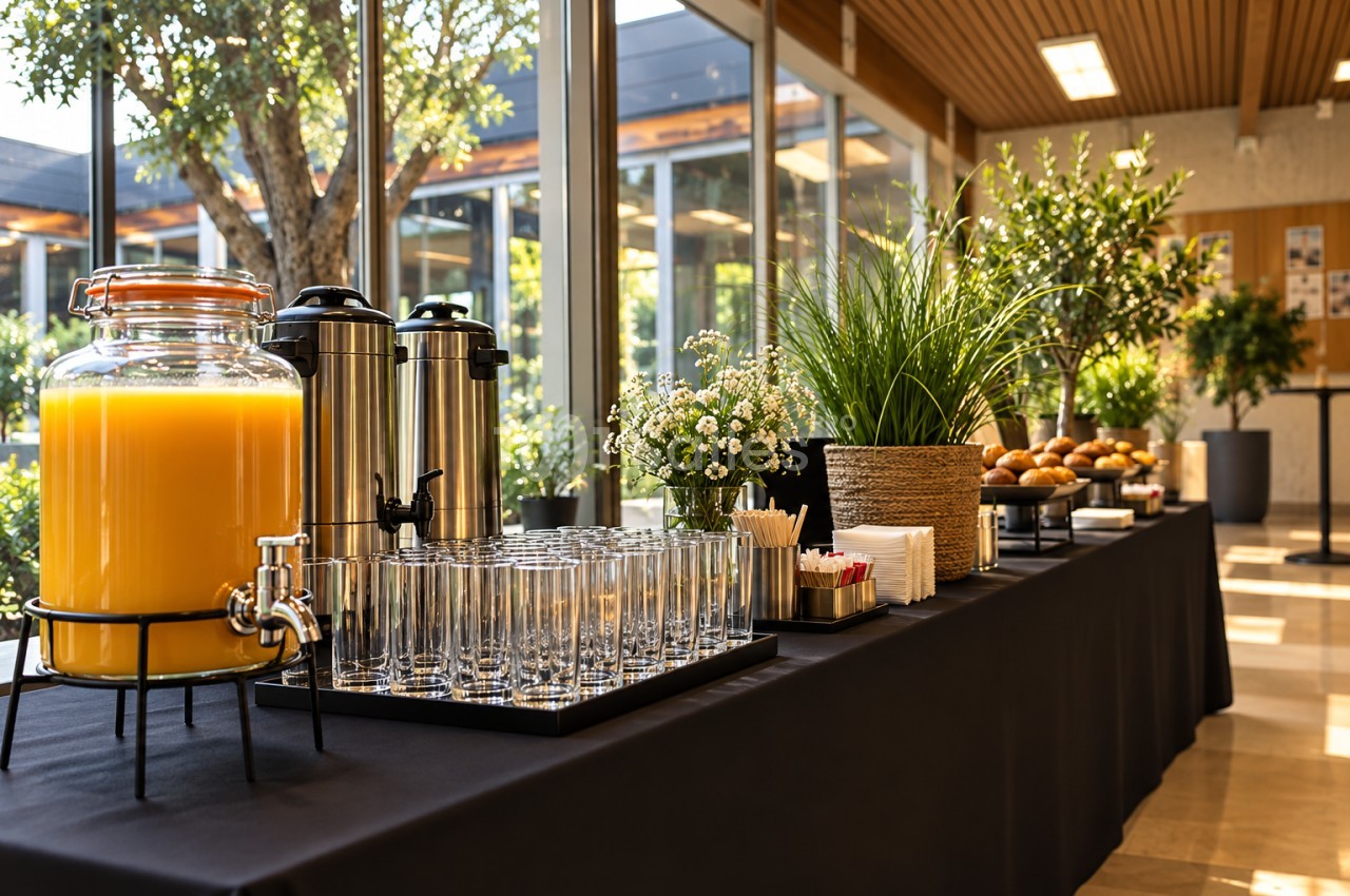 Buffet de petit-déjeuner avec jus d'orange, thermos, verres et fleurs dans salle lumineuse.