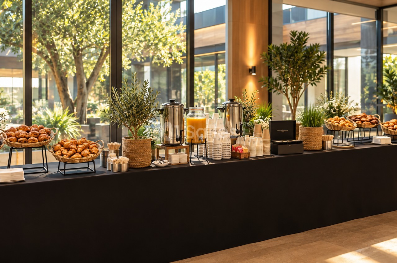 Buffet de petit déjeuner avec viennoiseries, café, jus d'orange et plantes en pot, salle vitrée claire.
