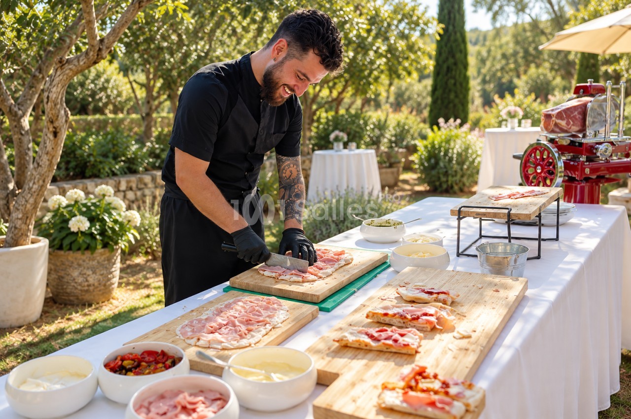 Traiteur en cuisine extérieure préparant des bruschetta et charcuterie sous tonnelle, jardin méditerranéen.