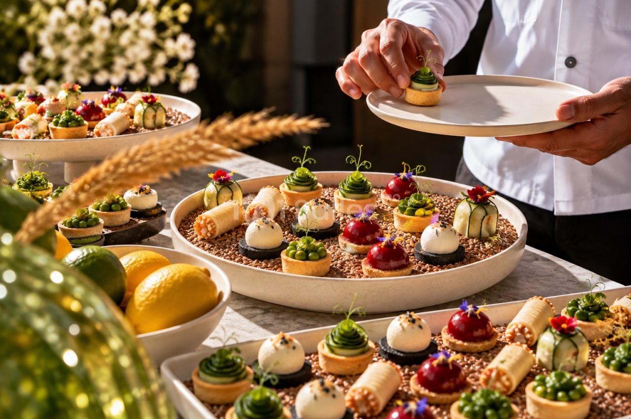 Chef en tenue blanche présentant des canapés sophistiqués sur plateaux blancs, décorés avec fleurs, fruits et herbes aromatiques.