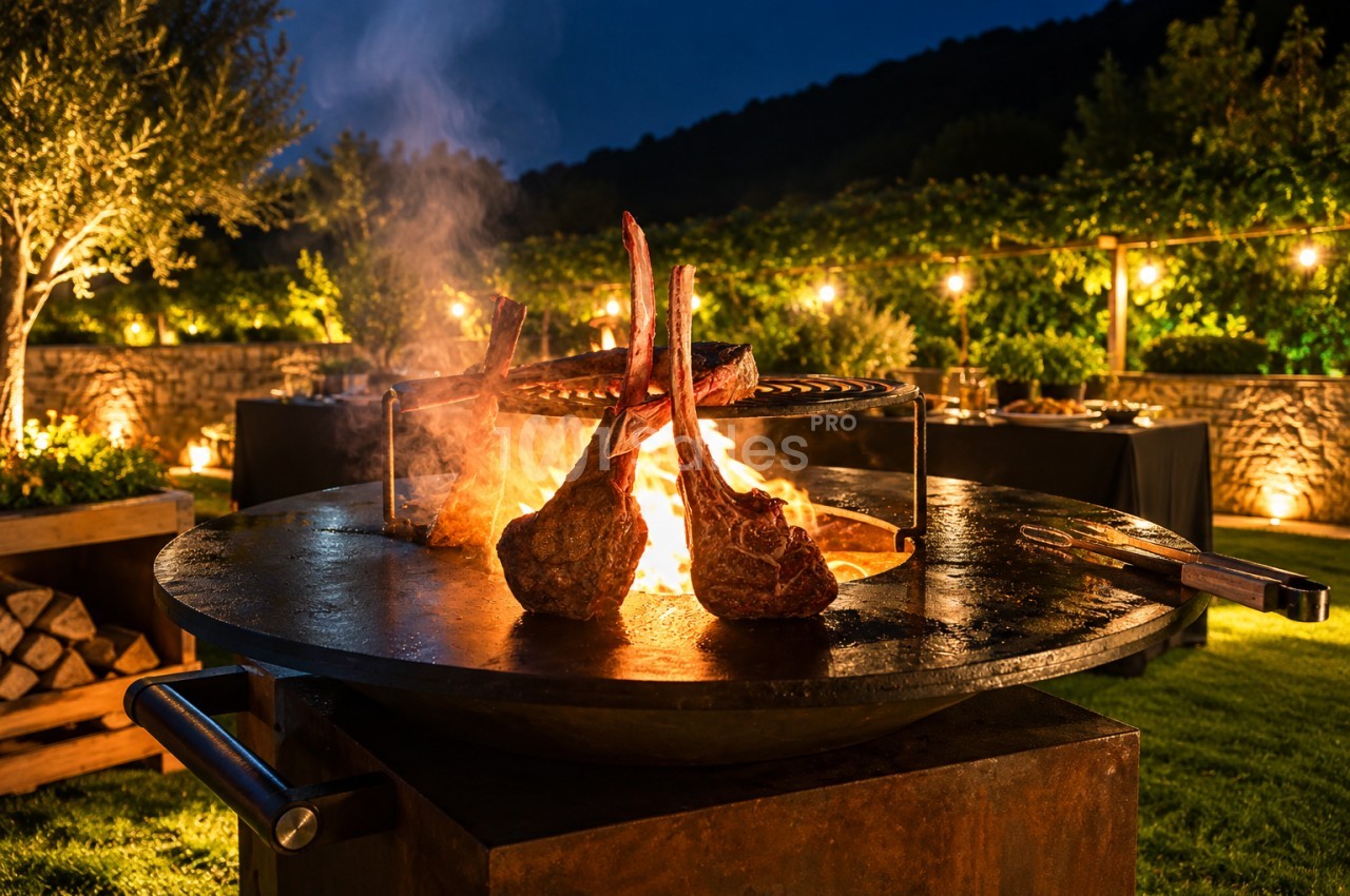 Viande grillée sur brasero enflammé en soirée, jardin paysagé avec arbres éclairés et murets en pierre.