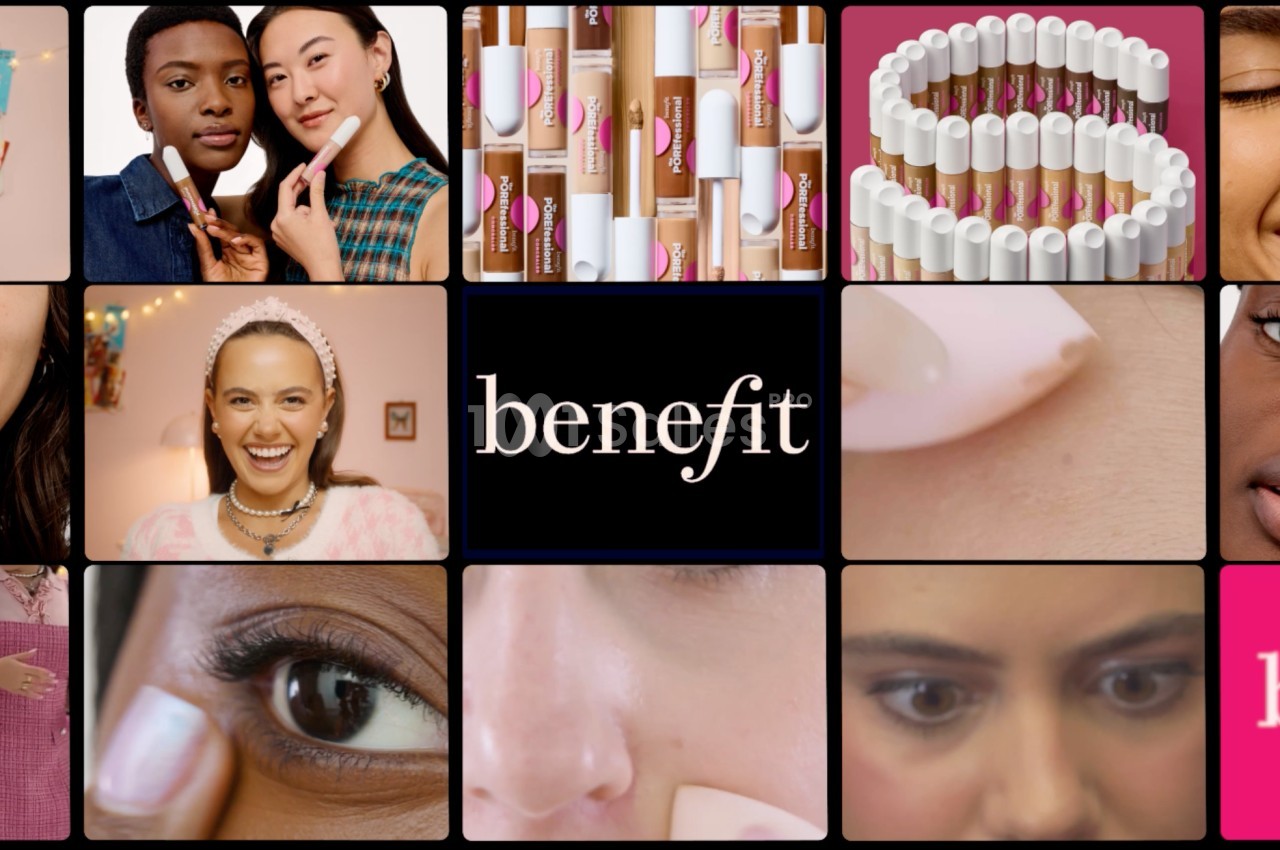 Mosaïque de plans vidéo de maquillage : tubes de correcteur, gros plans sur la peau et modèles appliquant le produit.