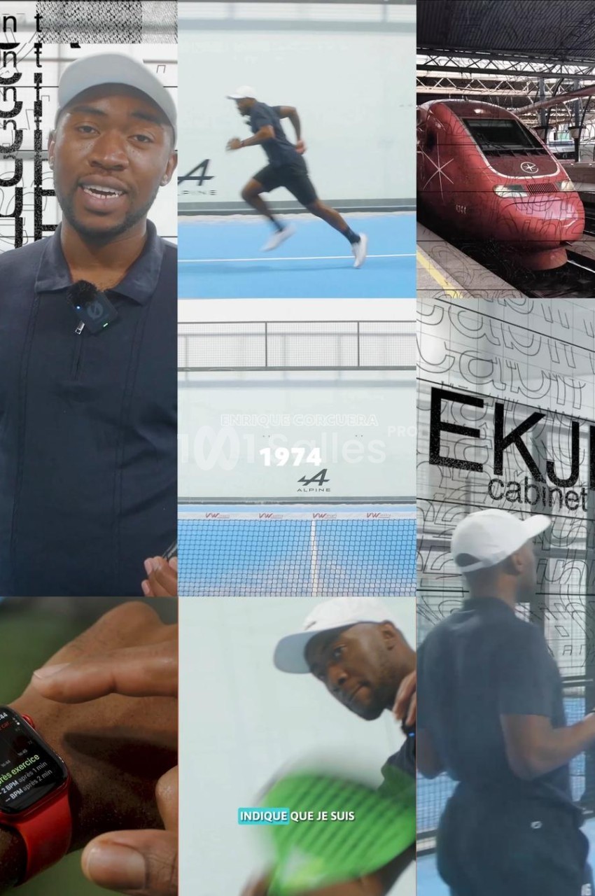 Collage d'images d'une vidéo : homme face caméra, sportif sur court bleu, train rouge en gare, montre connectée au poignet.