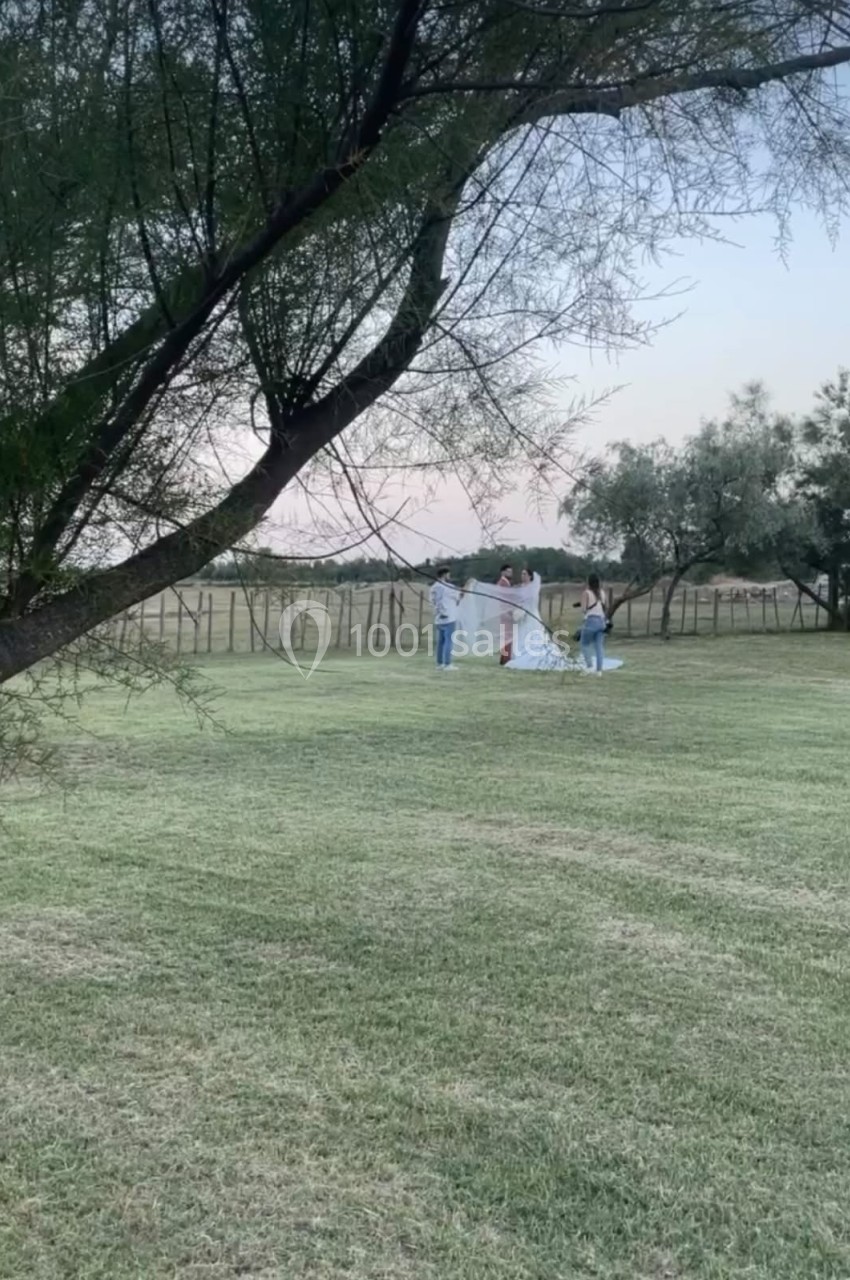 Un couple pose pour une photo de mariage dans un champ, entouré de deux personnes tenant la traîne de la robe.