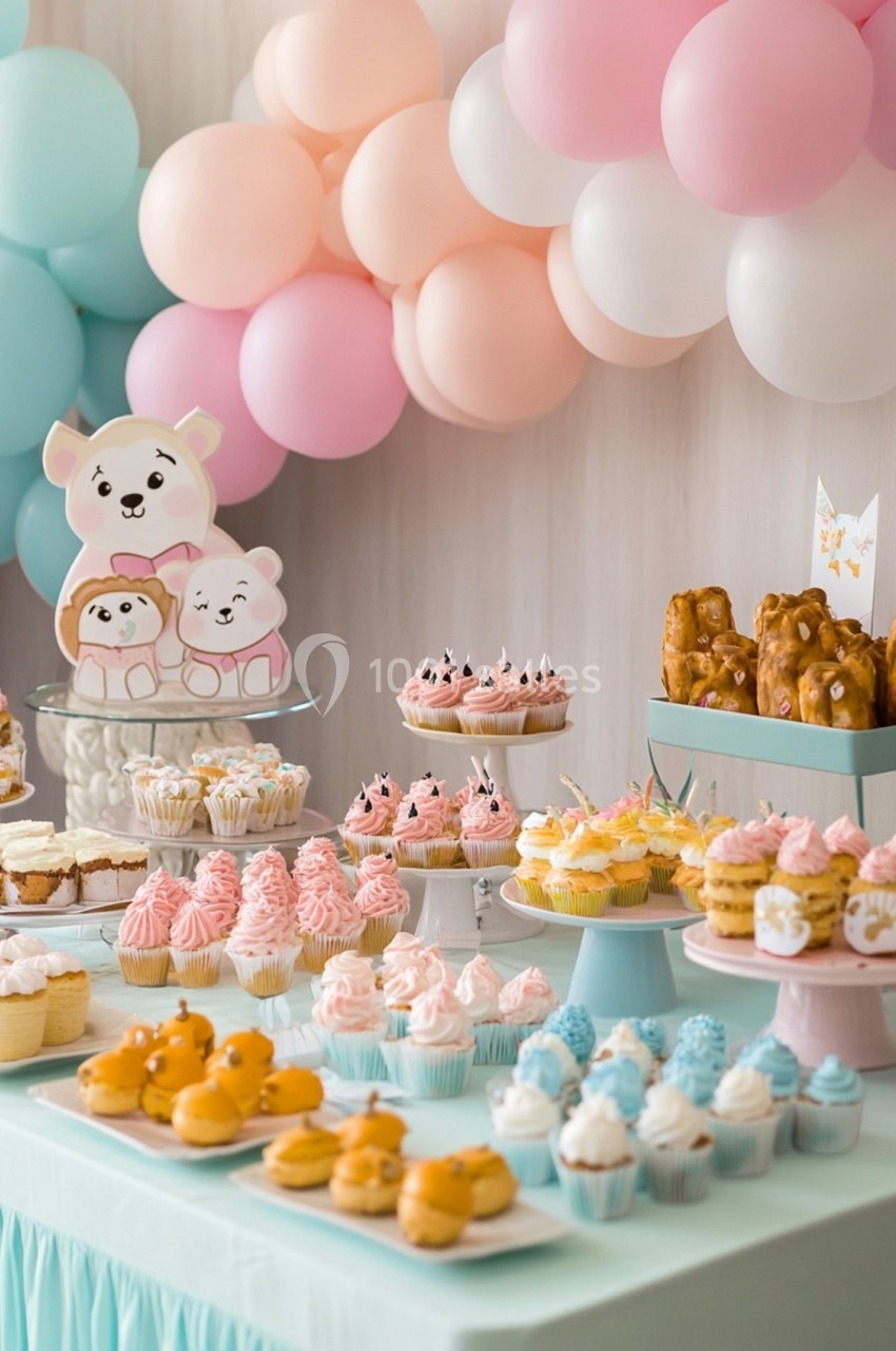 Table décorée pour une fête avec cupcakes, pâtisseries et ballons pastel en arrière-plan.
