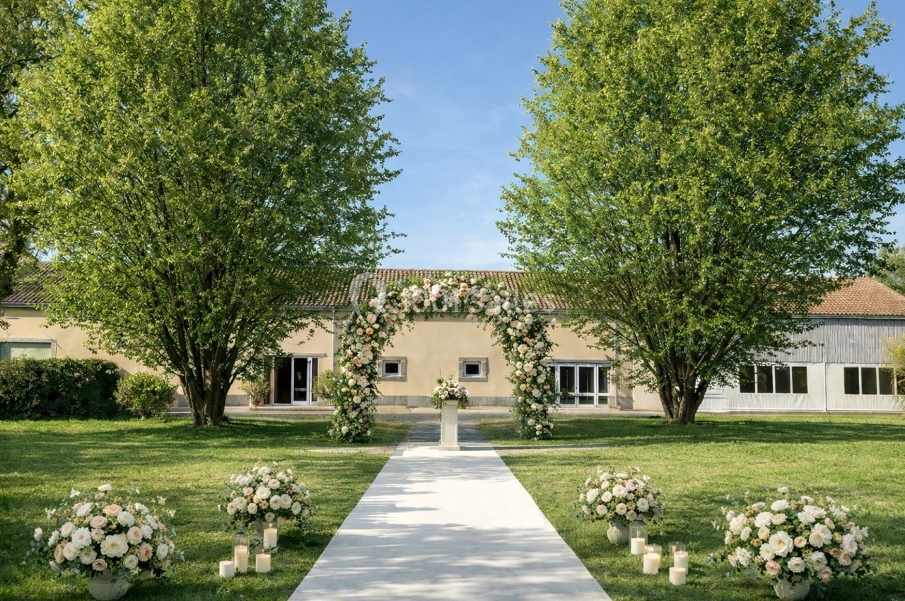 Allée centrale bordée de fleurs menant à une arche florale devant un bâtiment, entourée de pelouse et d'arbres.