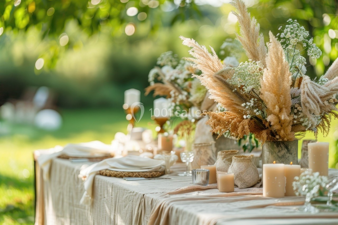 Table décorée avec des bougies, des fleurs séchées et des nappes en lin, installée en extérieur dans un jardin verdoyant.