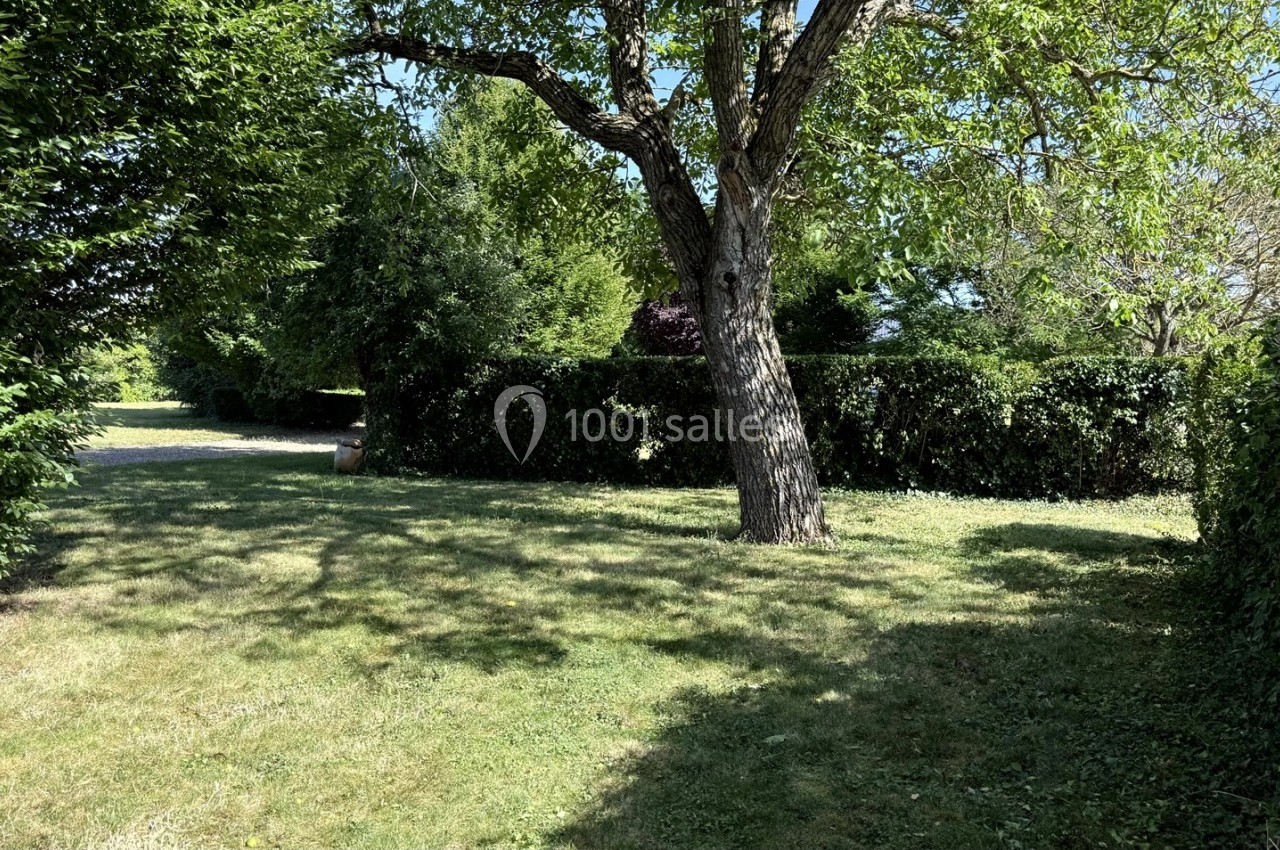 Pelouse ombragée bordée de haies et d'arbres sous un ciel clair.