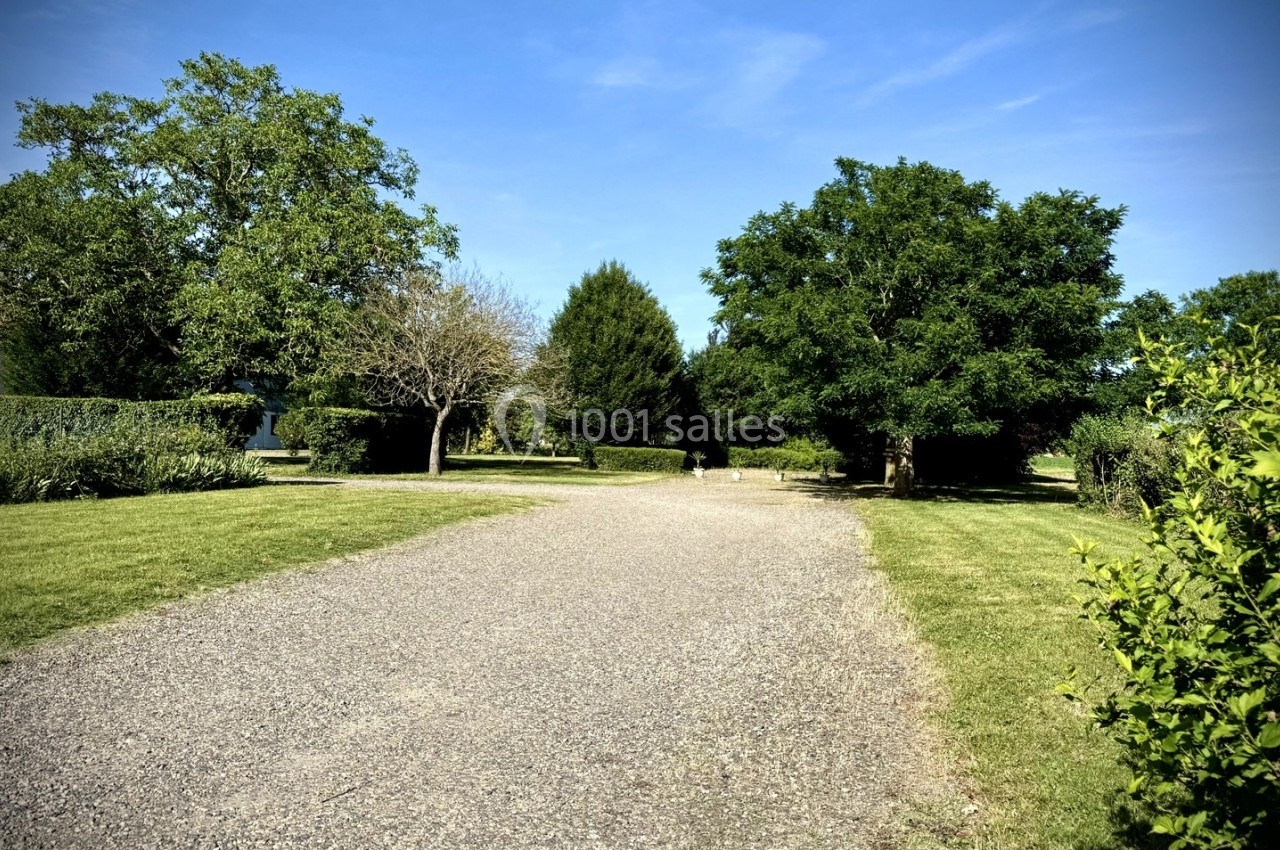 Allée pavée bordée de pelouses et d'arbres sous un ciel bleu, dans un parc calme et verdoyant.
