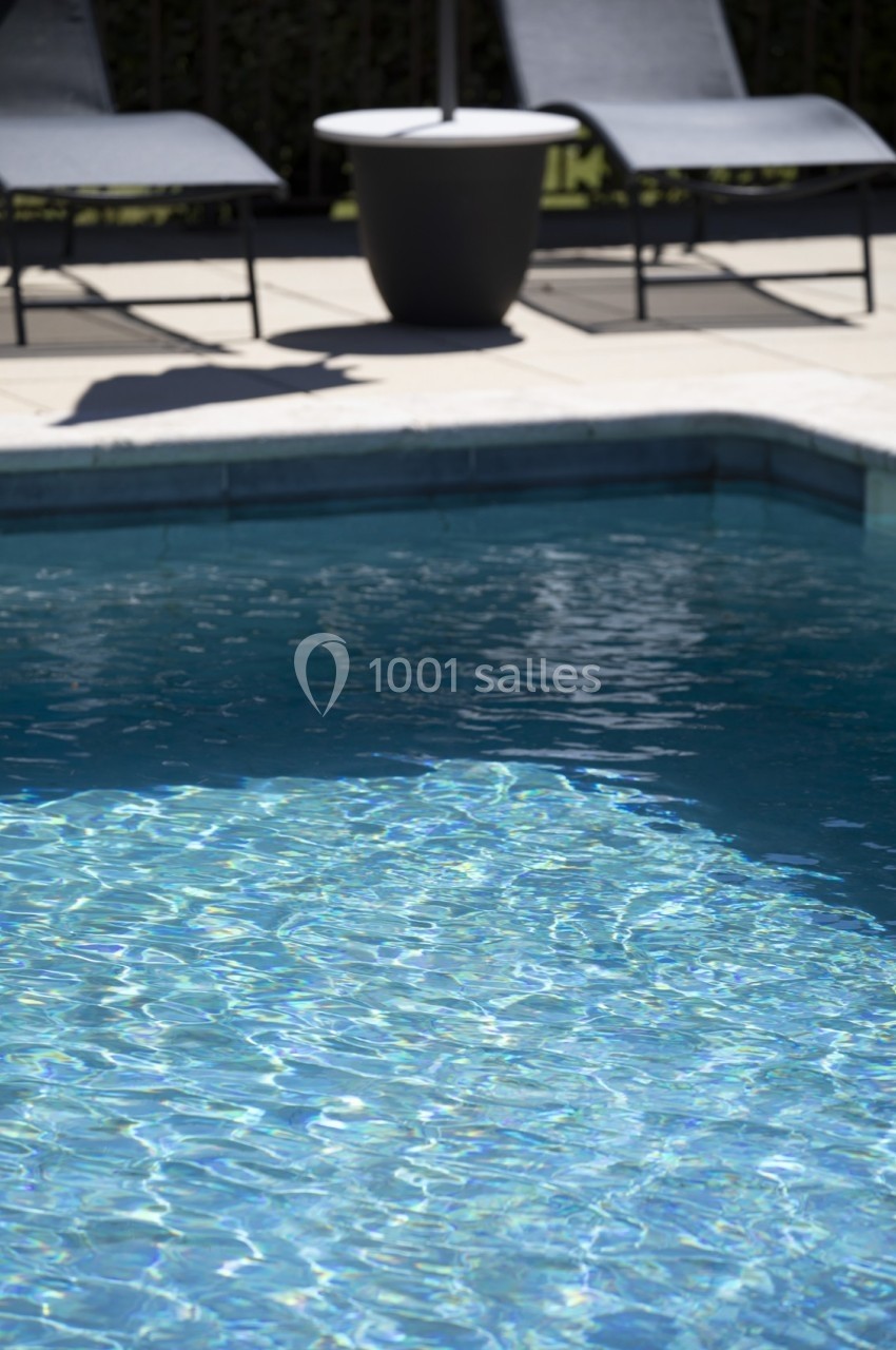 Piscine extérieure avec eau scintillante, entourée de chaises longues et d'un pot de fleurs sur une terrasse.