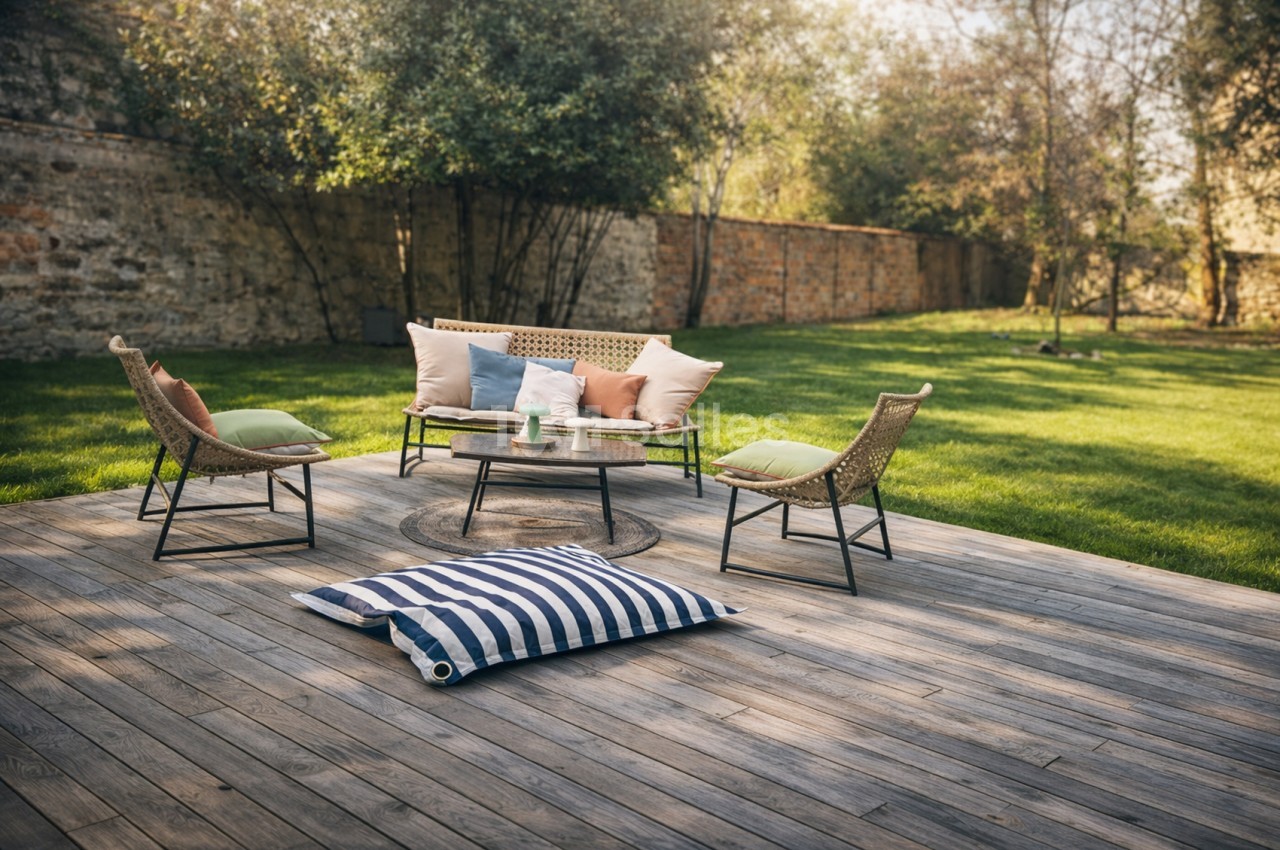 Terrasse en bois avec canapé et fauteuils de jardin face à pelouse et murs en pierre.