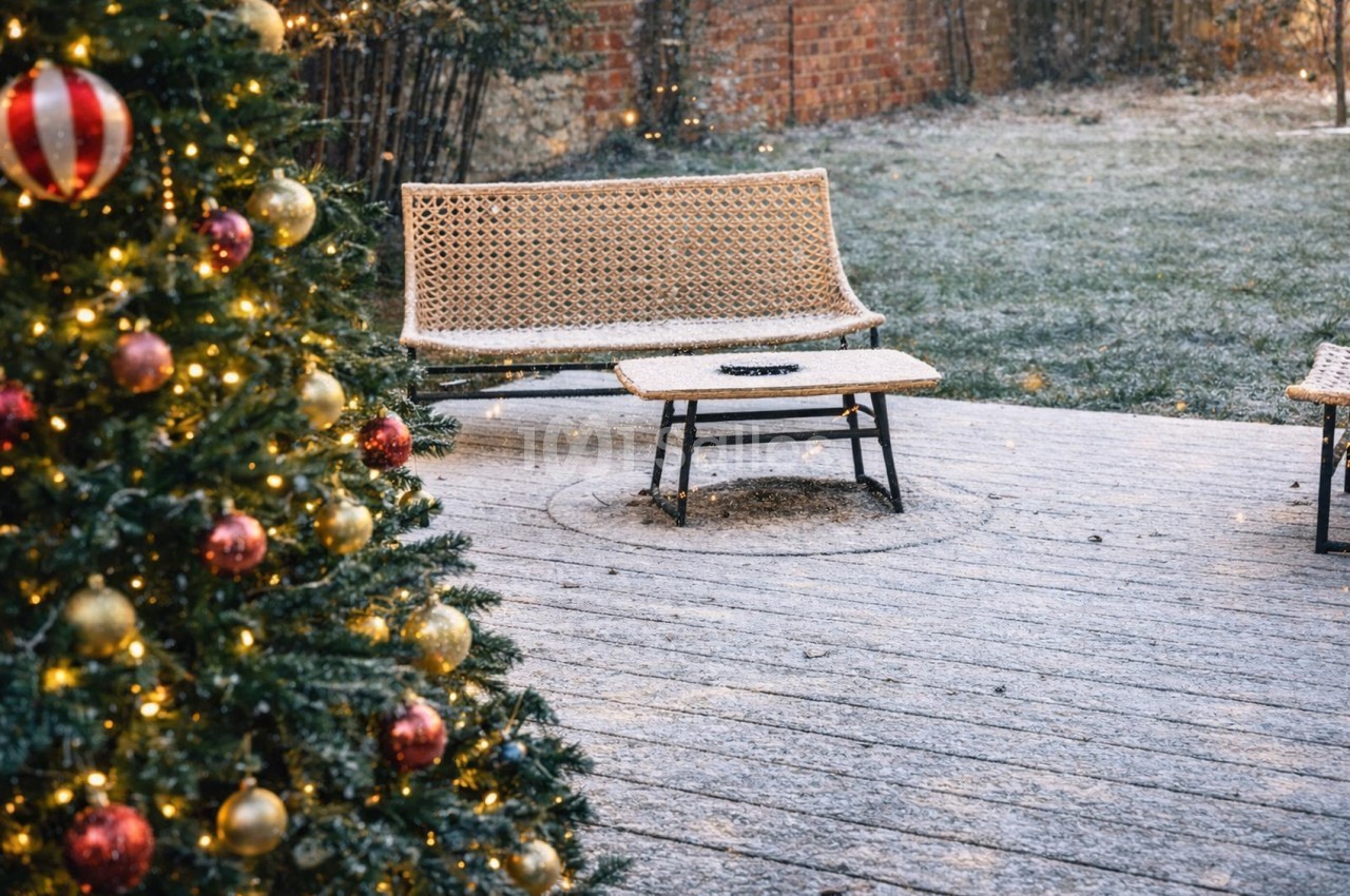 Terrasse extérieure hivernale avec sapin illuminé, banc en osier et table basse en bois, mur en brique en arrière-plan.