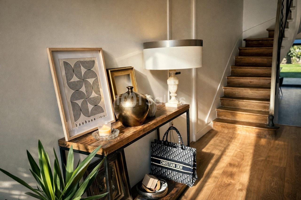 Entrée intérieure avec console en bois, cadres d'art géométrique, lampadaire blanc, escalier en bois clair et plante verte.