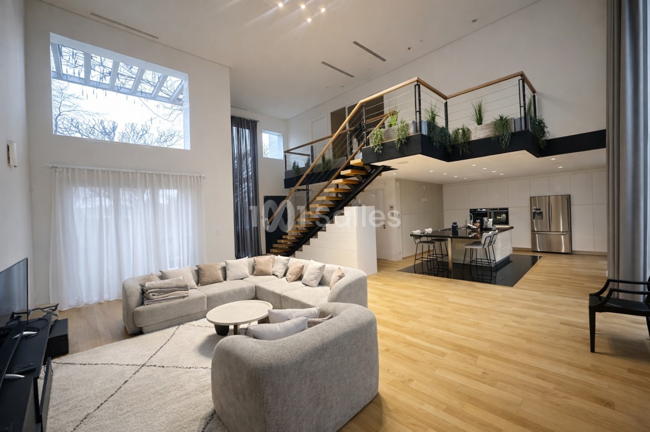 Loft ouvert avec salon canapés gris, escalier bois vers mezzanine végétalisée, cuisine et comptoir bar.
