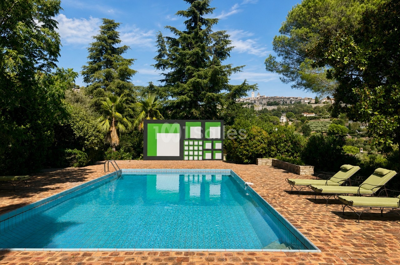 Piscine rectangulaire entourée de transats, terrasse en brique, abri avec panneau vert et blanc, végétation dense et vue collinaire.