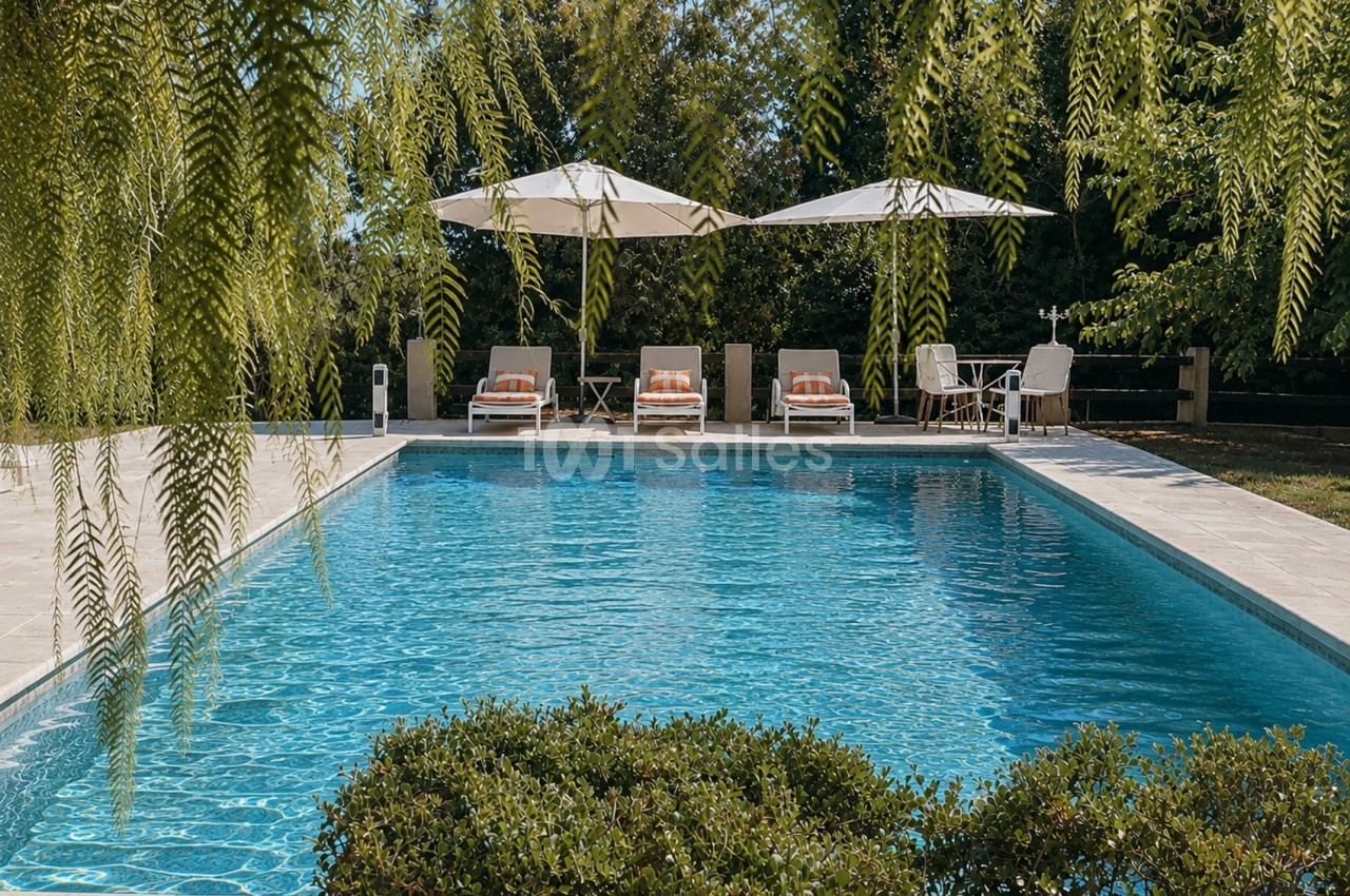 Piscine rectangulaire bordée de transats avec parasols et saules pleureurs en arrière-plan.