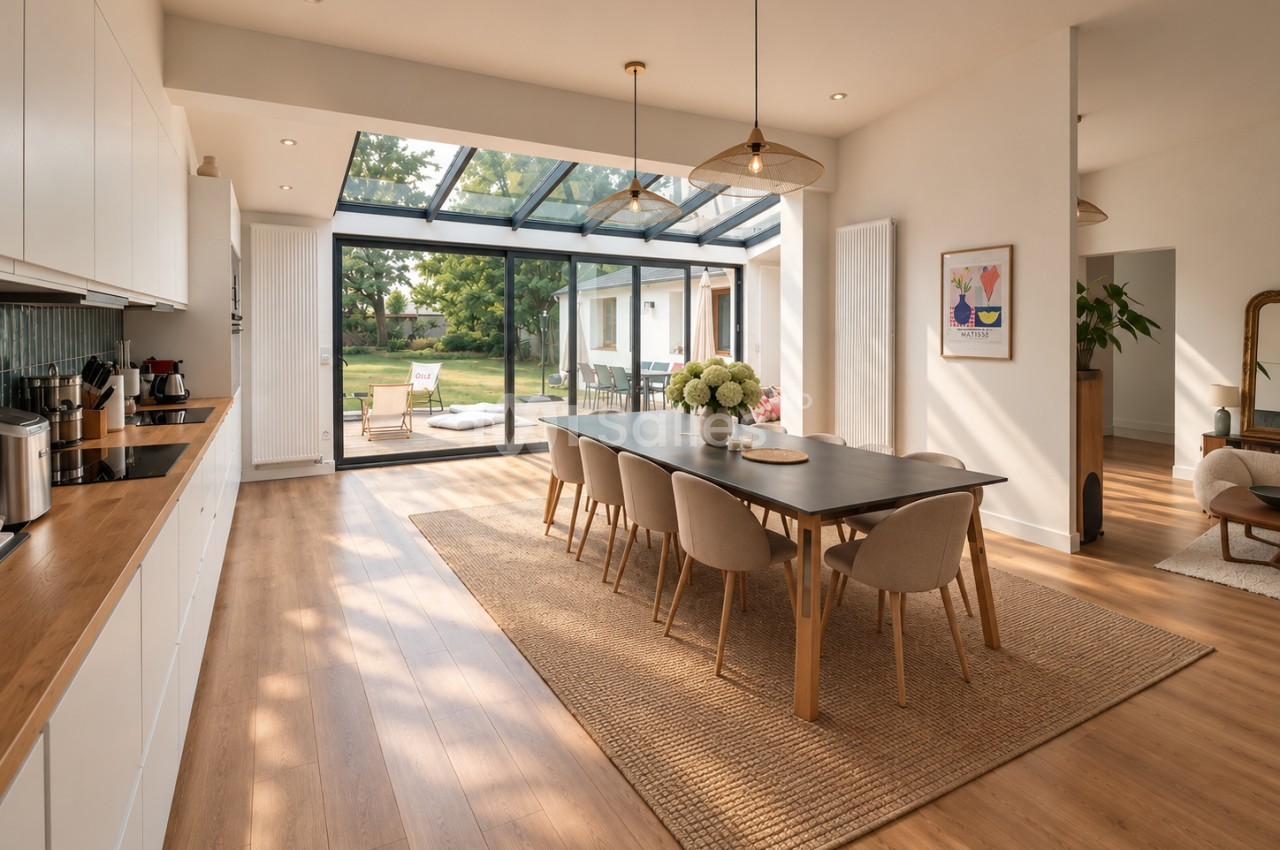 Cuisine ouverte avec table de salle à manger pour six personnes, baies vitrées donnant sur jardin.