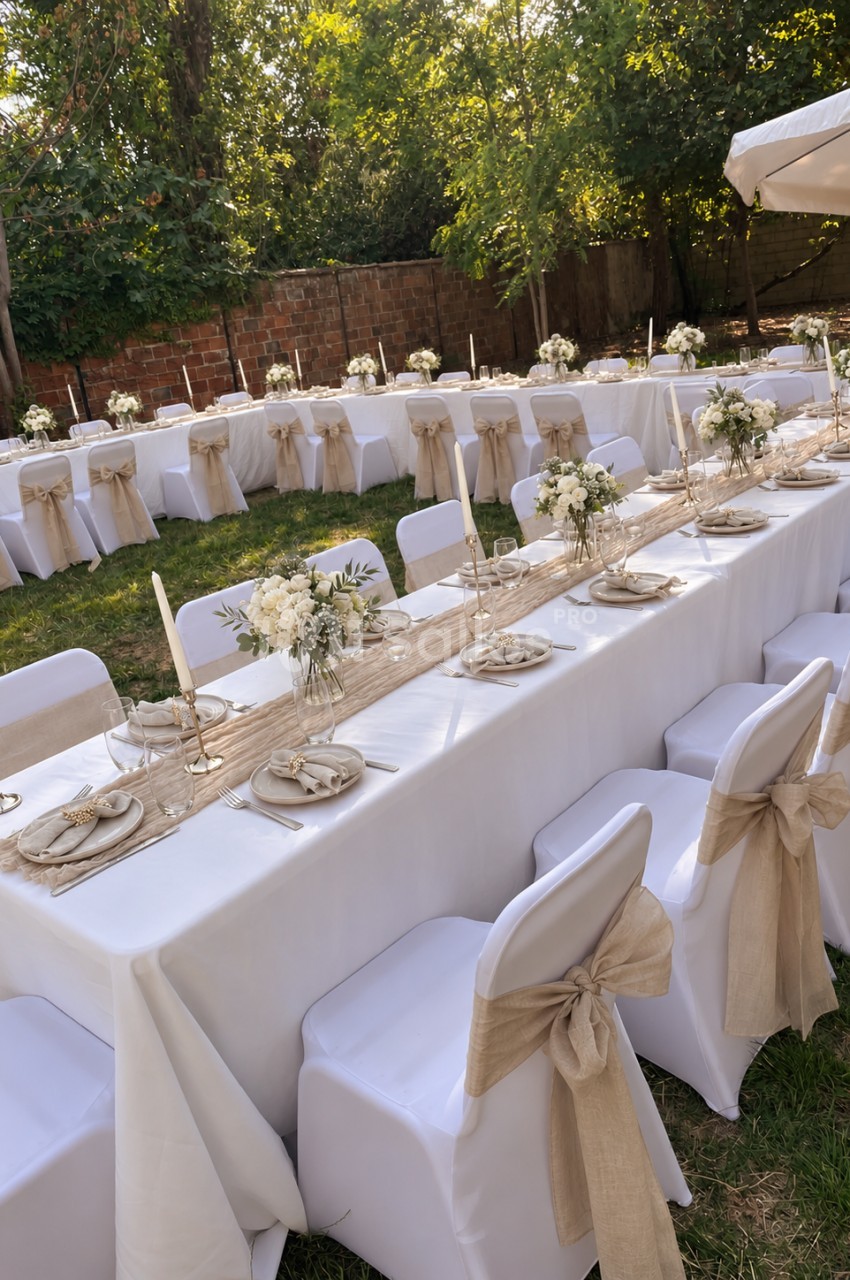 Jardin dressé pour réception - tables longues blanches avec nœuds beige, chaises blanches, fleurs blanches et ombrage.