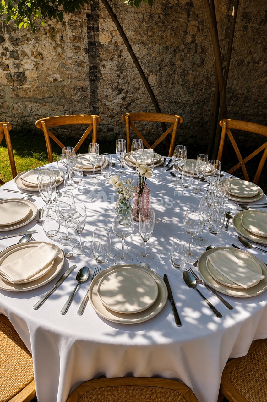 Table ronde dressée en extérieur contre un mur en pierre - couverts, verres et fleurs - environ 8 places.