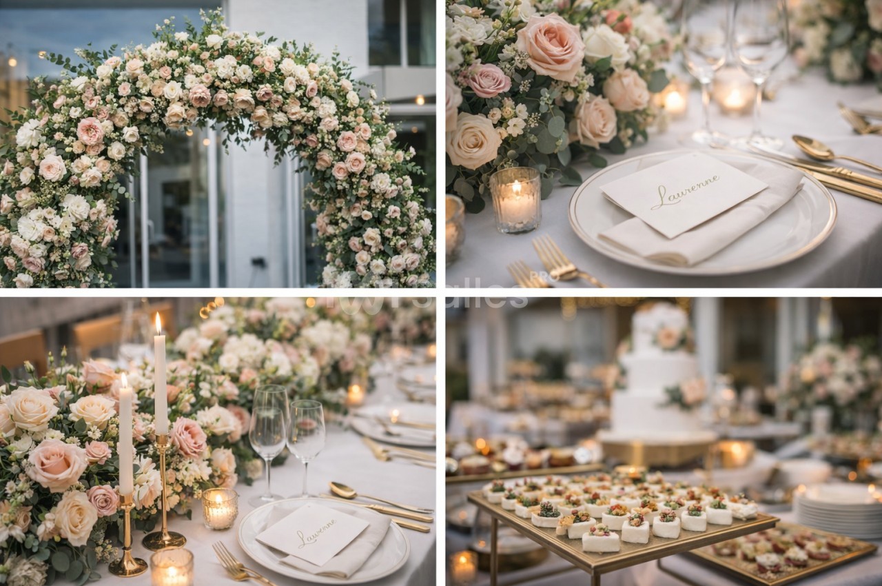 Arche florale rose et blanche avec roses et petites fleurs blanches devant une baie vitrée.