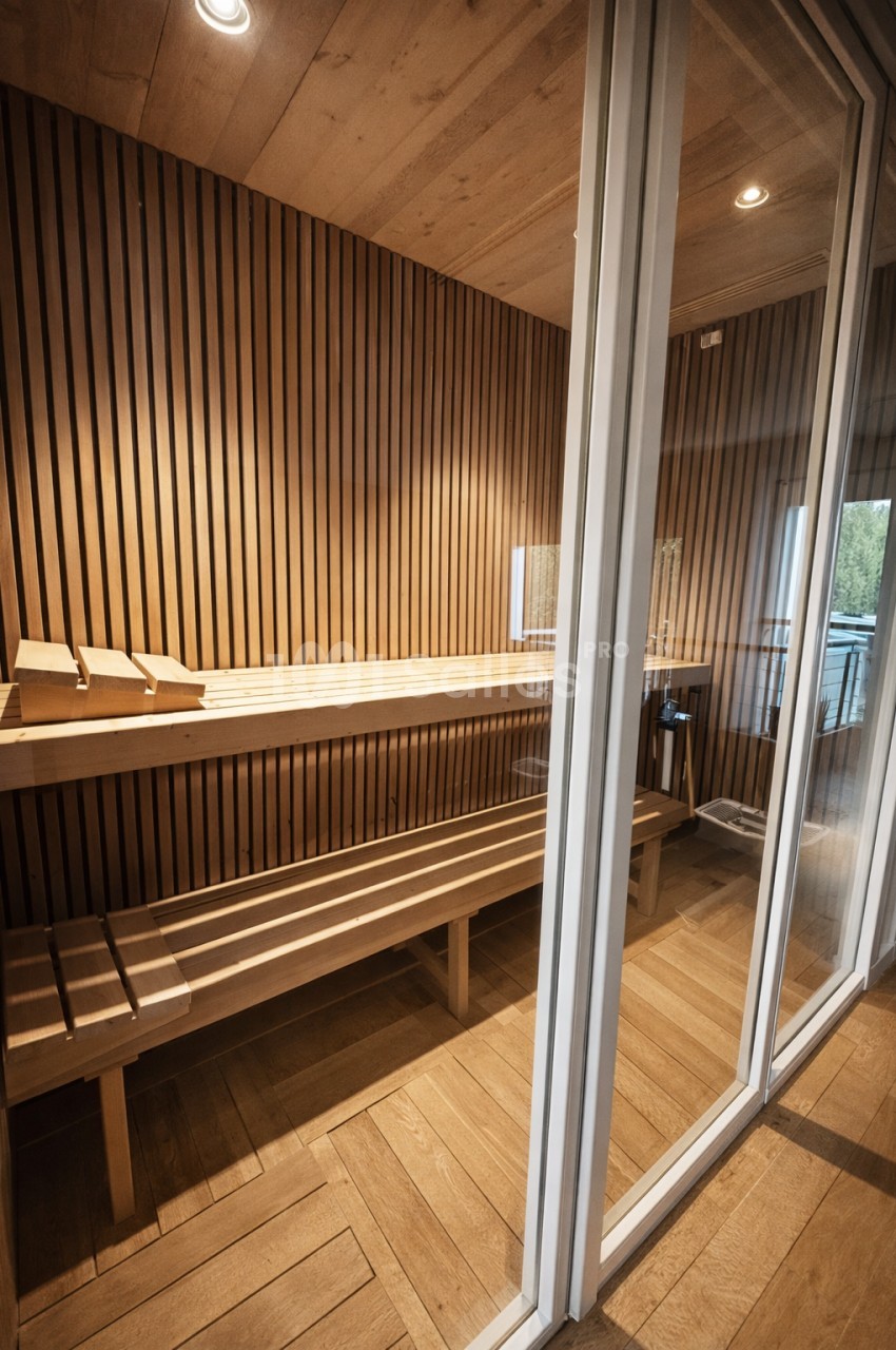 Sauna intérieur aux parois en bois clair et sombre, deux bancs superposés, portes vitrées coulissantes.