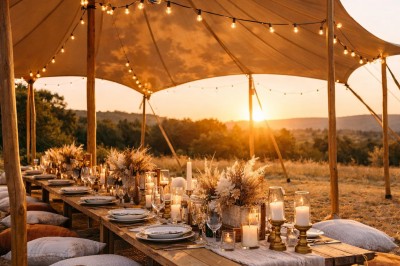 Tables décorées pour un dîner en plein air sous une tente éclairée de guirlandes lumineuses, près d'un bâtiment en pierre.