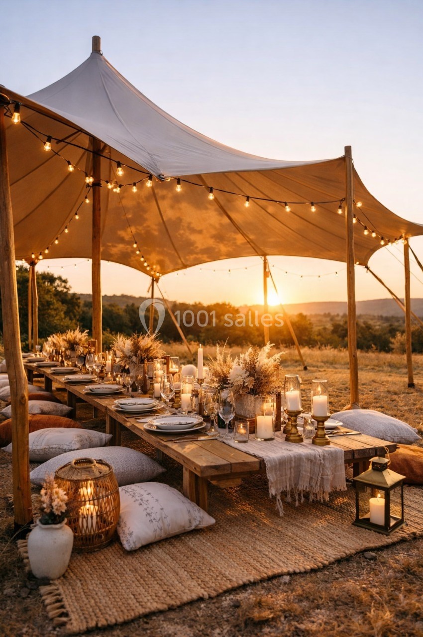 Table basse décorée pour un dîner en plein air sous une tente, éclairée par des guirlandes lumineuses au coucher du soleil.