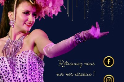 Danseuse en costume rose à plumes sur fond sombre, avec icônes de réseaux sociaux et texte ’Retrouvez nous sur nos réseaux…