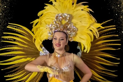 Danseuse en costume rose à plumes sur fond sombre, avec icônes de réseaux sociaux et texte ’Retrouvez nous sur nos réseaux…