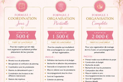 Tableau comparatif des formules de planification de mariage avec tarifs, services inclus et offre de lancement.