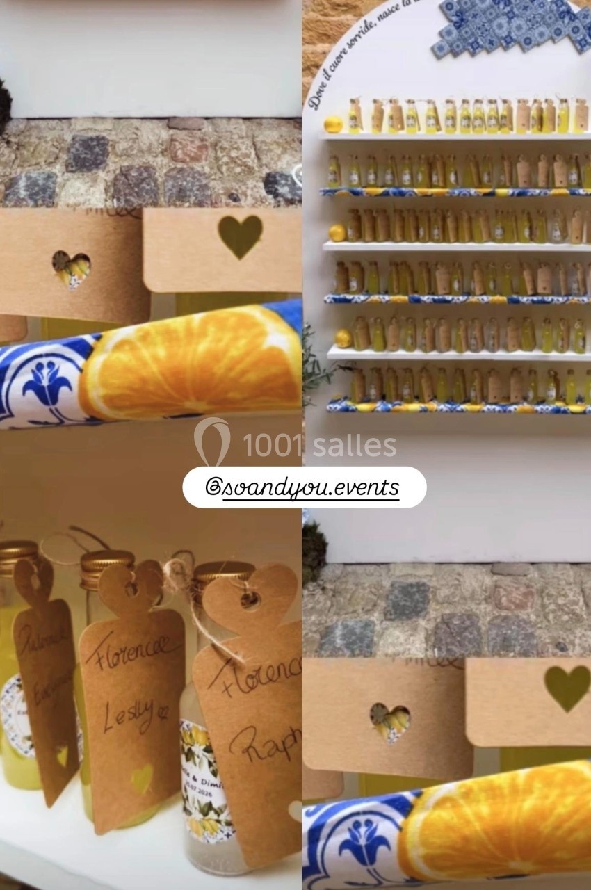 Des bouteilles de limoncello alignées sur des étagères, avec des étiquettes personnalisées en carton brun.