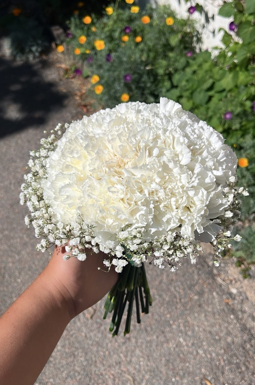 Bouquet de fleurs blanches, principalement des œillets et du gypsophile, tenu à la main sur un chemin ensoleillé.