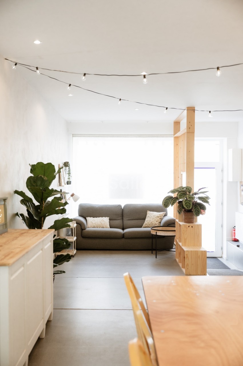 Salon lumineux avec canapé gris, plantes vertes, guirlande lumineuse et mobilier en bois clair.