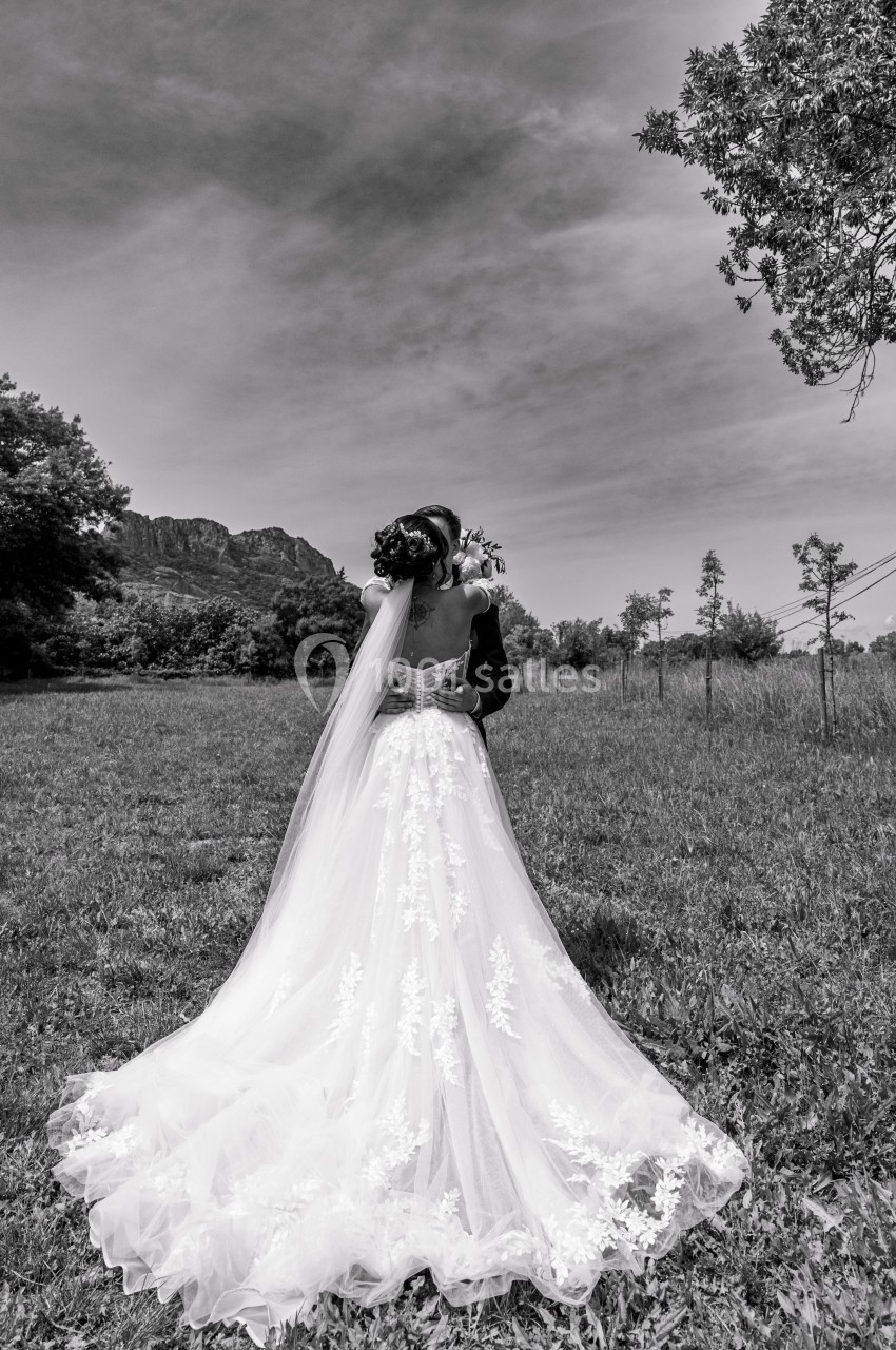 Une mariée en robe blanche avec voile se tient dans un champ, dos tourné, sous un ciel partiellement nuageux.